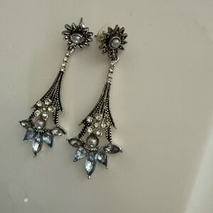 Vintage-Inspired Silver Pearl & Light Blue Crystal Drop Earrings